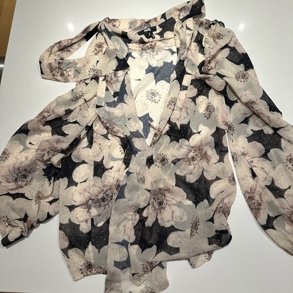 Paige Floral Sheer Tie-Neck Blouse - Black & Cream - Picture 3 of 7